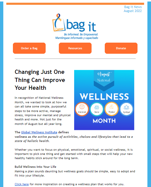 Bag It Cancer August Newsletter cover