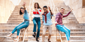 People on steps jumping