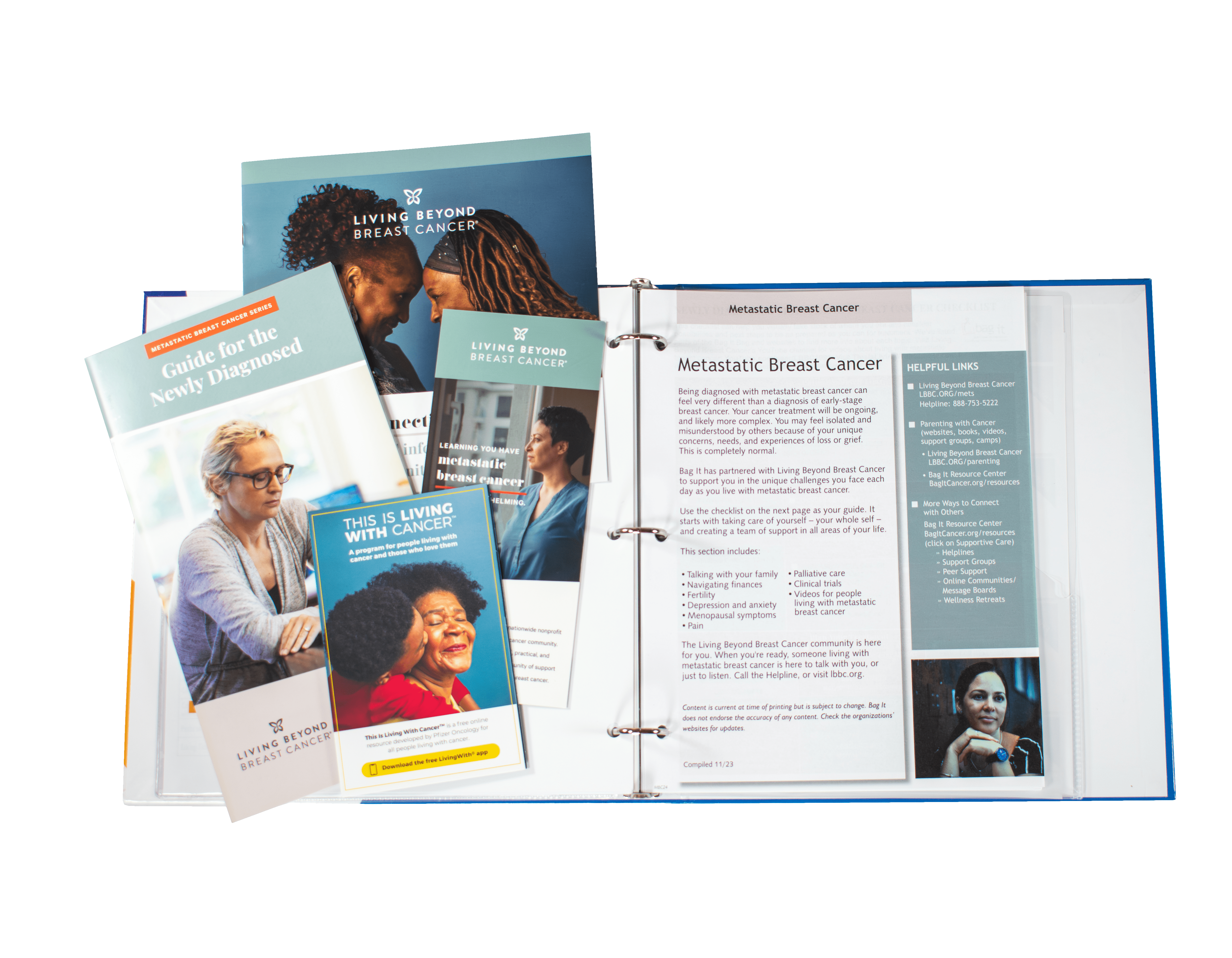 mbc-1-transparent (1) Metastatic Breast Cancer Bag It Bag with Living Beyond Cancer contents laid out
